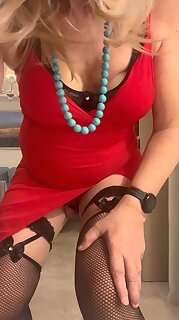 Daniela MonroeTV, posing, masturbating and cumming in a red dress, sexy lingerie, high heels